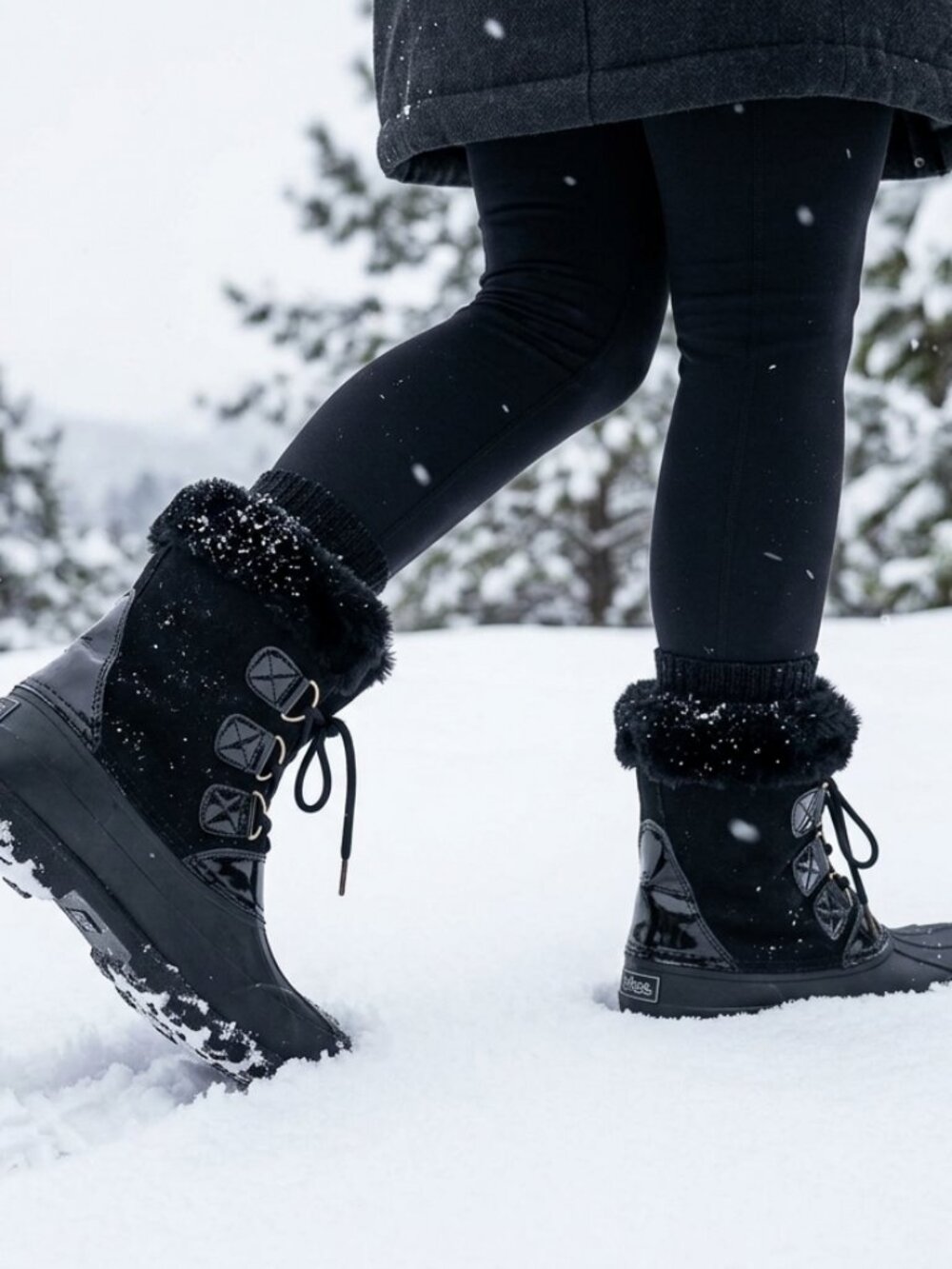 totes Leather Upper Black Faux Fur Trim Waterproof Duck Boots Women's Sz 7M